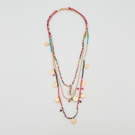 Collier long 3 rangs perles, pompons et coquillages