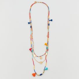 Collier 3 rangs chaines, perles, pompons et filigrane multicolore