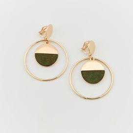 Boucles d'oreilles clip post cercle de métal avec pendentif bois vert