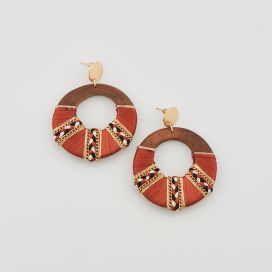 Boucles d'oreilles post métal cercle bois fils et chaine