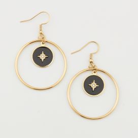 Boucles d'oreilles pendantes crochet dorés pampille cercle noir étoile strass