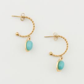 Boucles d'oreilles créoles torsadées pendentif pierre ovale turquoise