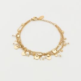 Bracelet 4 rangs chaîne travaillée pampilles dorées et perles