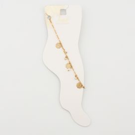 Chaîne de cheville dorée pendentifs filigranes strass et perles