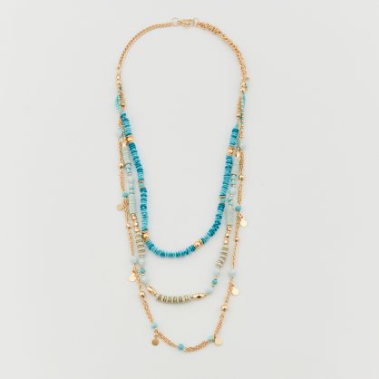 Set de 3 colliers perles fines colorées perles pompons et chaîne
